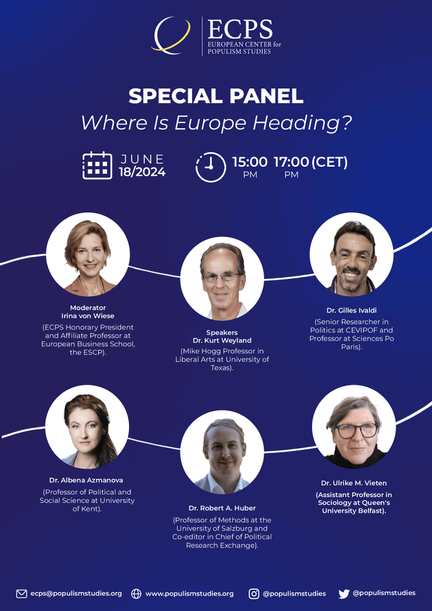 populismstudies's tweet photo. Where Is Europe Heading?  

Register panel now &amp; join @IrinavonWiese, Dr. Kurt Weyland, @GillesIvaldi, @AAzmanova, @Robert_A_Huber &amp; @UVieten in their discussion on the EP election results on June 18, 2024. 

Registration: https://t.co/wPIYU3SIJx

Details: https://t.co/C4eP8ZDmzo https://t.co/yejrvRsach