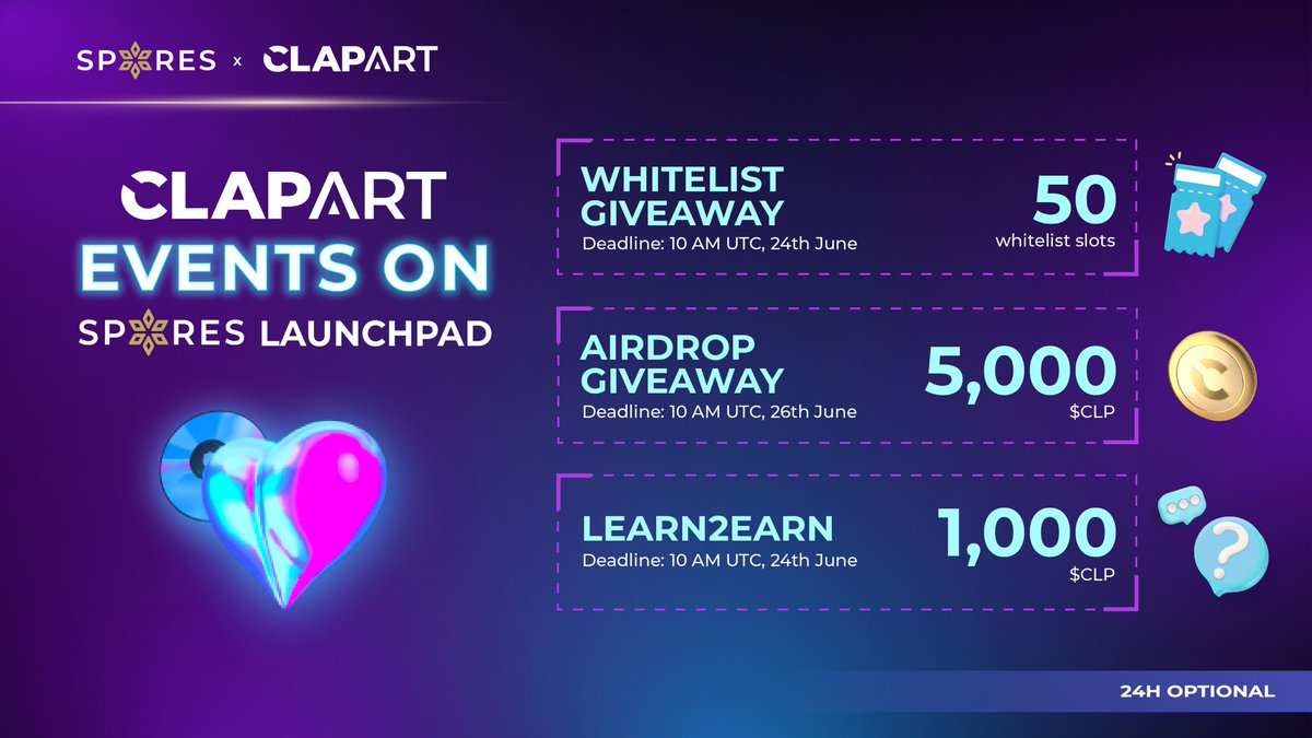 Spores_Network's tweet photo. 🔥 𝗖𝗟𝗔𝗣𝗔𝗥𝗧 𝗘𝗩𝗘𝗡𝗧𝗦 𝗢𝗡 𝗦𝗣𝗢𝗥𝗘𝗦 🔥

➡️ Get ready for an unforgettable adventure with @clapartofficial! We're bringing you not just one, but THREE thrilling events, each packed with exciting opportunities to win incredible prizes! 🎉

✔️ WHITELIST GIVEAWAY: https://t.co/mvVDDl5Lyd
🎁 Reward: 50 whitelist slots

✔️ AIRDROP: https://t.co/nGg2iWkFCm
🎁 Reward: 5000 $CLP

✔️ LEARN2EARN EVENT: https://t.co/tF7YUbYBqk
🎁 Reward: 1000 $CLP

Artistry Unleashed - CLAPART Awaits 🚀
#Sporeslaunchpad #IDO #CLAPART