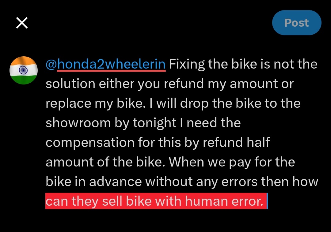VinitVMaru's tweet photo. @honda2wheelerin No call from the Honda only The dealer is trying to negotiate but we don't want defective bike we want complete refund by fixing human error how can we accept this bike. This error should be checked by the showroom before delivery. #scam #hondascam #hondaindscam #Modi30 https://t.co/baH3xasfWc
