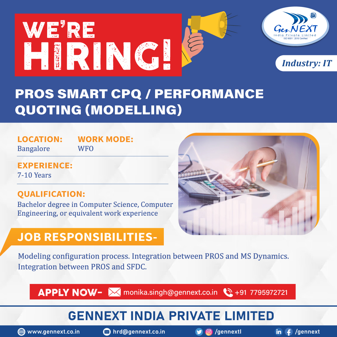 GennextL's tweet image. #UrgentHiring 💼📢🎯

Position: PROS Smart CPQ / Performance Quoting (Modelling)
Location: Bangalore

#PROS #SmartCPQ #PerformanceQuoting #Modelling #Graduate #PostGraduate #hiringnow #jobsearching #jobsearch #Recruitment2024 #jobopenings2024 #gennextjob #gennexthiring #GenNext