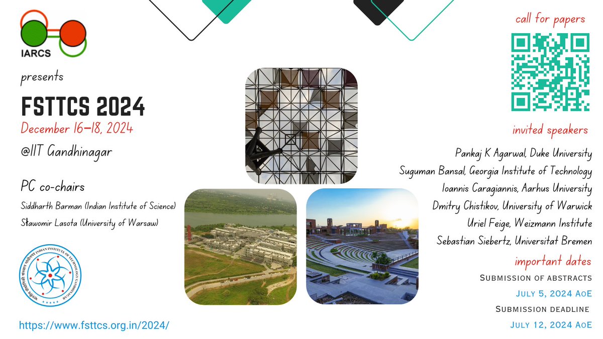 📣 Please make note of the #FSTTCS2024 call for papers: three weeks to the abstract submission deadline! The PC chairs have already lined up a phenomenal set of invited talks. 🤩

Do help us spread the word and plan to submit and/or attend. Links in the next tweet.

(1/2)