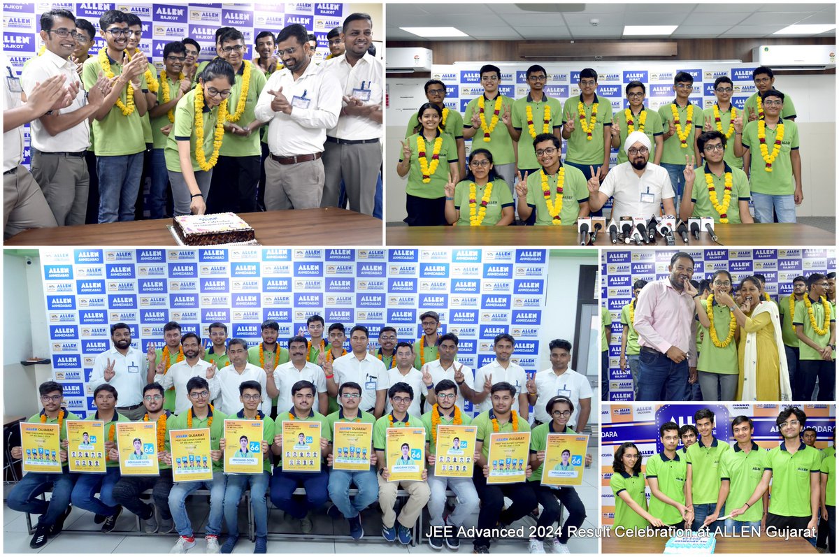 🎊 #ALLENGujarat Immersed in the Spirit of Celebration with Great Fervour and Enthusiasm!
✌🏻 The victory of #JEEAdvanced Toppers was celebrated with a cake-cutting ceremony at #ALLEN Ahmedabad, Rajkot, Surat &amp; Vadodara centers  
👉🏻 Here are some glimpses of the event:
#JEETopper