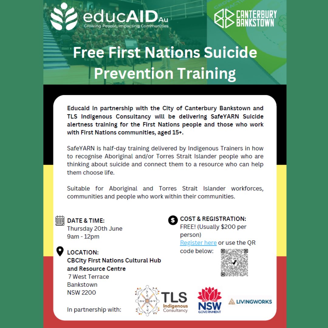 Excited to be collaborating to offer SafeYARN suicide alertness for First Nations people. For both Fiest nations and non-indigenous people to attend. Fully funded in collaboration with <a href="/TeganSchefe/">Tegs Louise</a> TLS <a href="/ourcbcity/">City of Canterbury Bankstown</a> <a href="/LivingWorksAus/">LivingWorks Australia</a> 🖤💛❤️