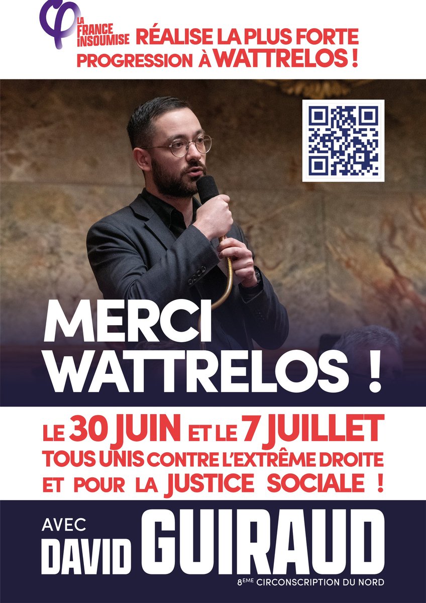 ❤️Merci Wattrelos et Roubaix: LFI est la 1ere force politique.  

🟩Nous avons besoin de vous : pour plus de justice sociale et contre l'extrême droite, nous devons faire Front Populaire derrière <a href="/GuiraudInd/">David Guiraud</a>. 

✊Envoyez nous un message privé si vous souhaitez nous aider!