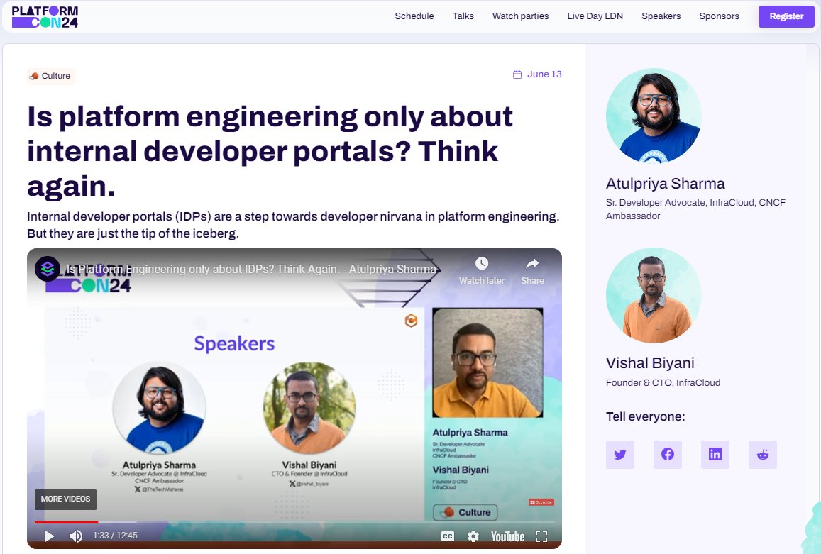 infracloudio's tweet photo. It's LIVE🎉
You can now watch @TheTechMaharaj & @vishal_biyani's session on 'Is platform engineering only about internal developer portals? Think again' at #PlatformCon24🎈
Stream here👇
https://t.co/cF0qfQhkgb https://t.co/X75dIOnv3v