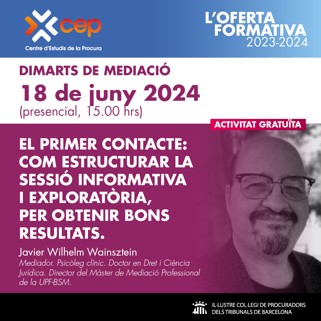🗓️El pròxim dimarts, 18 de juny, tenim nova sessió de #formació amb <a href="/javierwilhelm/">Javier Wilhelm PhD</a>, que ens parlarà de com estructurar la sessió informativa i exploratòria per obtenir bons resultats. Inscriu-te! 
👤icpb.es/cep/inscripcio/
📲lc.cx/ojiKov