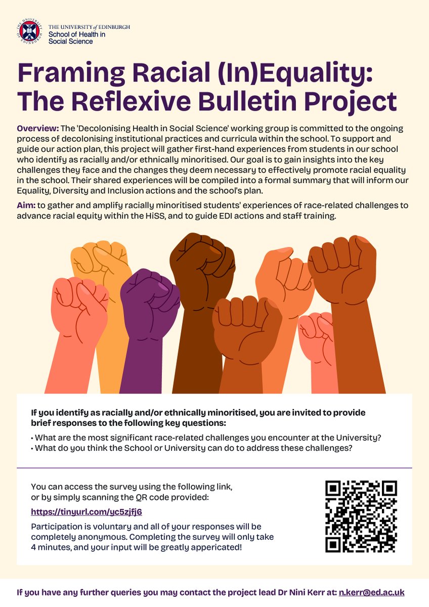 Research Bow (@researchbow) on Twitter photo Calling students from <a href="/EdinUniHealth/">School of Health in Social Science</a>
Do you identify as a Racially and/or Ethnically Minoritised Student?
Would you like to share your views and experiences associated with race-related challenges in the school?
We would love to hear from you! Access the survey below 👇 Calling students from <a href="/EdinUniHealth/">School of Health in Social Science</a>
Do you identify as a Racially and/or Ethnically Minoritised Student?
Would you like to share your views and experiences associated with race-related challenges in the school?
We would love to hear from you! Access the survey below 👇