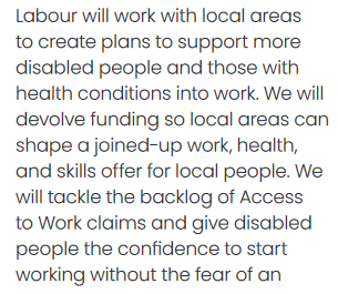ScouseCommie's tweet photo. Four paragraphs is all disabled people get, and it's focused entirely on forcing them back into work. What a disgrace. #LabourManifesto https://t.co/gL3C3KDMUX