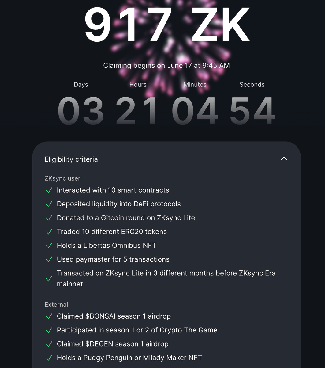 #zkscam

7 hours ago, a wallet was registered = eligible.

Meets all the criteria for the $ZK airdrop, if you don't believe it, check it yourself.

- 0x07528fba97b02bba1aaa03a8ffe51d3fda86b585

<a href="/zksync/">ZKsync (∎, ∆)</a>, are you okay, or do you think we're idiots?