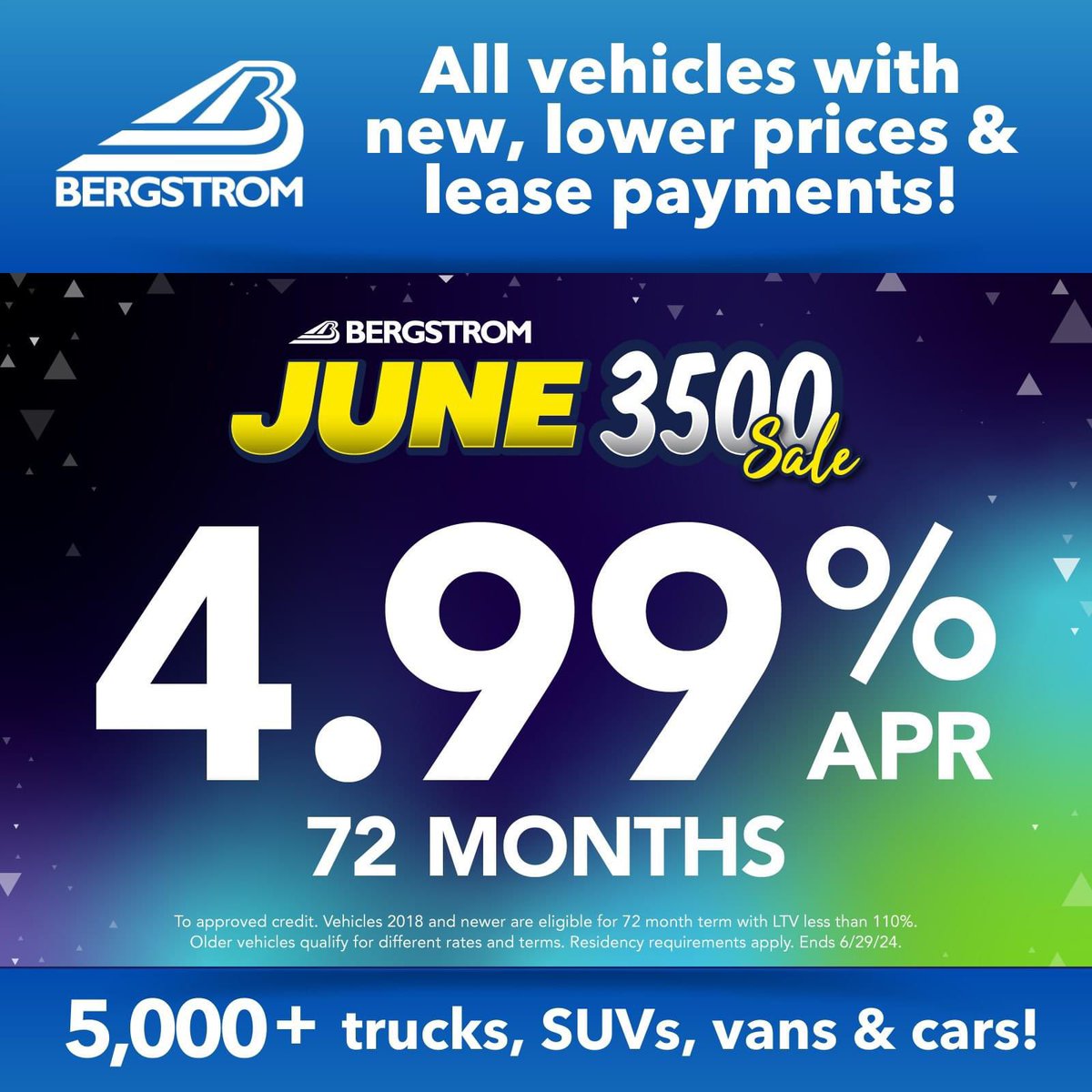 🚨 

👉 4.99% for 72 mo available financing
👉 7-Day Lowest Price Guarantee
👉 7-Day Return Policy
👉 $50 to Make-A-Wish with purchase or lease

Shop: bergstromauto.com/new
Shop: bergstromauto.com/used