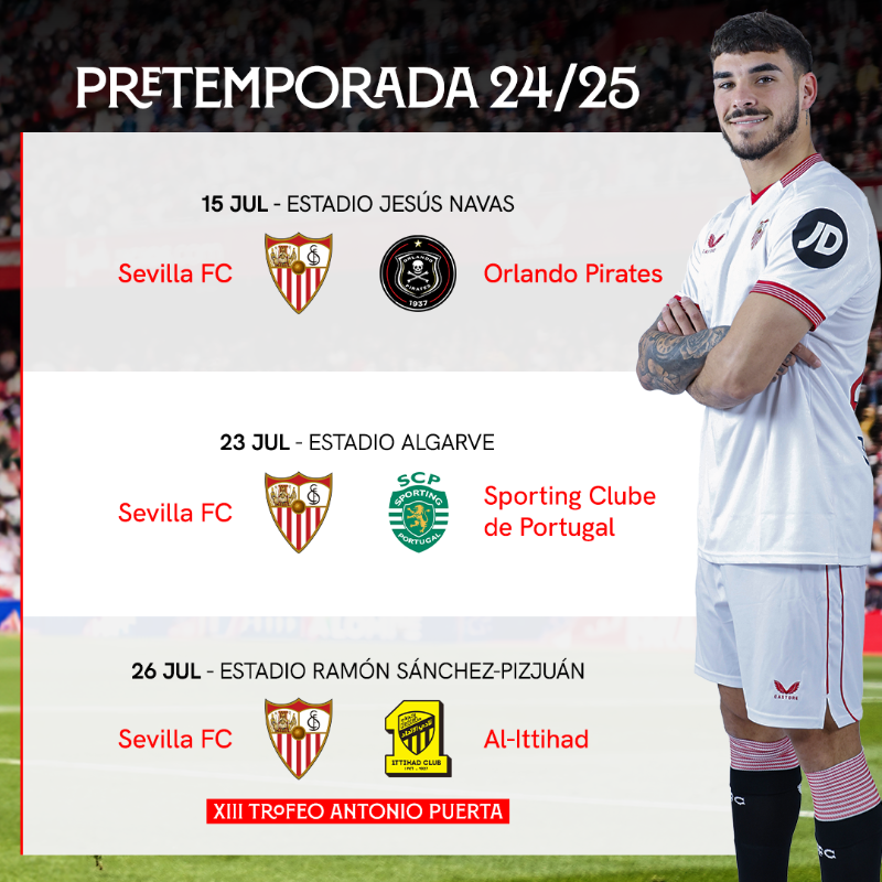 SevillaFC_ENG's tweet photo. 📅 Three friendlies confirmed for the first part of pre-season.

🆚 @orlandopirates
🆚 @SportingCP_en
🆚 @ittihad_en