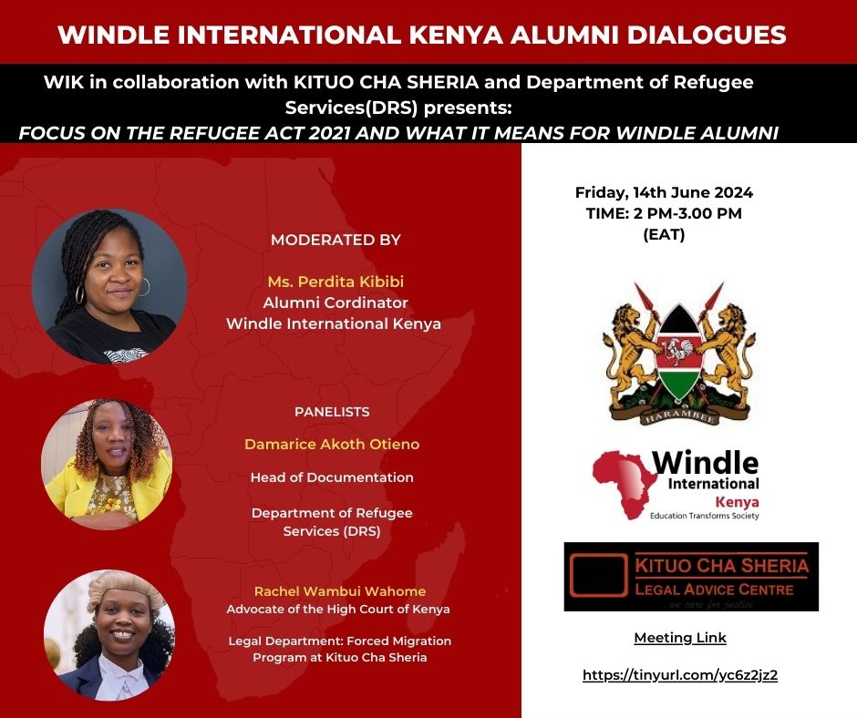 WindleKe_Som's tweet photo. Coming up tomorrow on WIK #Alumni dialogues.
We are excited to be joined by @DRSKenya
and @KituoSheria on this insightful webinar!

Calling on all #Windle Alumni to join in the conversation to learn, connect &amp;empower.

Meeting link https://t.co/lpxvvJETR7

#RefugeAct2021 https://t.co/dPSbpOxfS7