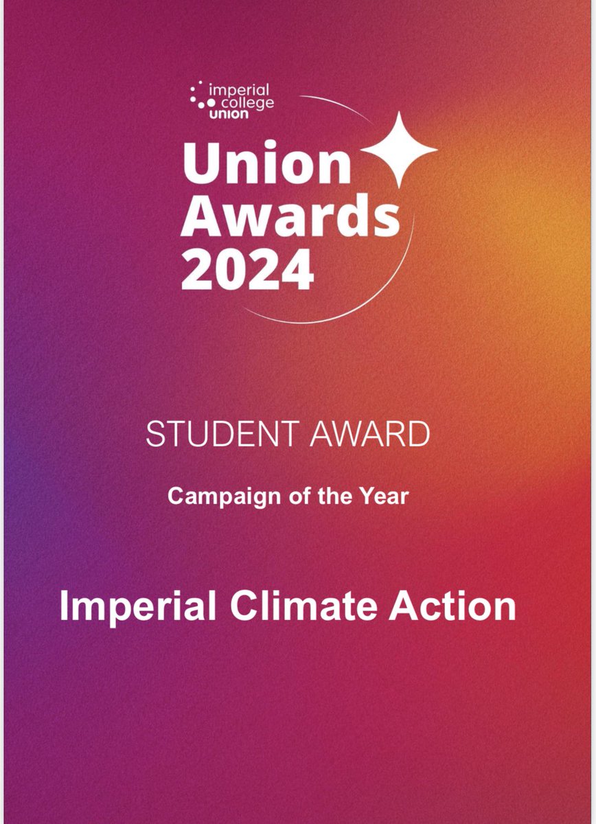 Imperial Climate Action (@ic_climateact) on Twitter photo We won the <a href="/imperialcollege/">Imperial College London</a> student union award for Campaign of the Year!
But what does that mean? Does it mean change is coming? Does it mean we were effective?
Effective action comes from students and staff putting themselves on the line, and management to ACTUALLY ACT. We won the <a href="/imperialcollege/">Imperial College London</a> student union award for Campaign of the Year!
But what does that mean? Does it mean change is coming? Does it mean we were effective?
Effective action comes from students and staff putting themselves on the line, and management to ACTUALLY ACT.
