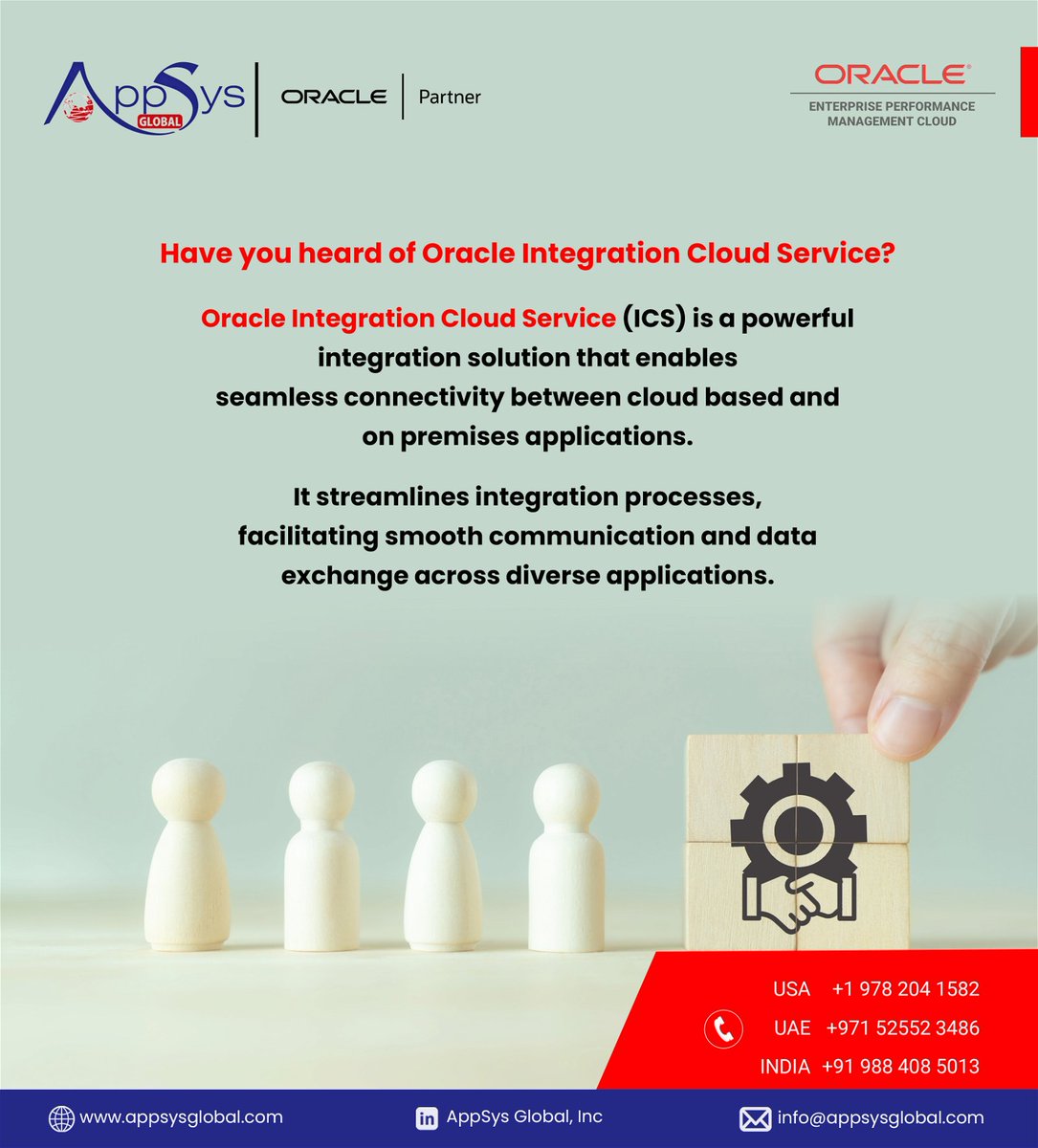 AppSys_Global's tweet image. Effortlessly connect on-premises and cloud-based applications with Oracle Integration Cloud Service (ICS).
#OracleICS #CloudIntegration #appsysglobal #connectivity #dataexchange #integration #cloudservice #oracle
Visit us @ appsysglobal.com | info@appsysglobal.com