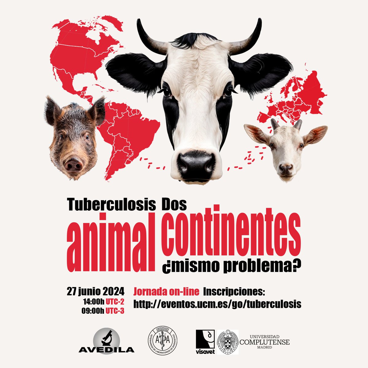 Tuberculosis animal. Dos continentes, ¿mismo problema?  
<a href="/Avedilasimposio/">AVEDILA</a>, <a href="/AavldDe/">AAVLD - Asoc. Arg. de Vet. de Lab. de Diagnóstico</a> y <a href="/VISAVET/">VISAVET-UCM</a> organizan esta jornada el próximo 27 de junio de 2024 en modalidad on-line, siendo necesaria la inscripción previa en eventos.ucm.es/go/tuberculosis
Inscripción gratuita del 3 al 26 de junio.