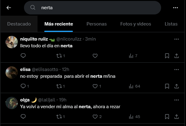 A realidade de #nerta actual é esta:

Fai tres anos cando filtrabas en twitter por Nerta solo aparecían posts referentes a Nerta, dende que foi trending topic fai dous anos está petado de contas que no seu nome poñen @nerta03** (por ex.). Agora silencio máis do que retuiteo.  🥲