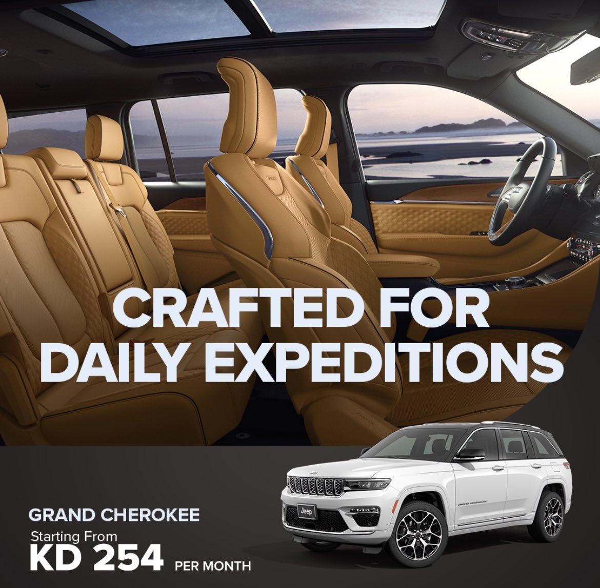 جراند شيروكي مجهز لكل رغباتك، ابتداءً من 254 د.ك / شهرياً مع 5 سنوات او 100,000 كم كفالة
Grand Cherokee is equipped to meet all your desires, starting from 254 KD per month, with a 5-years or 100,000 KM warranty.