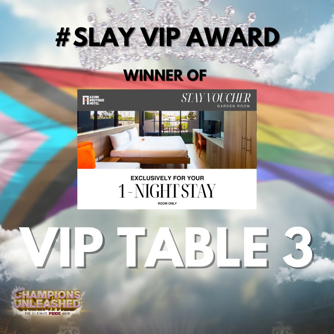 iqueenique's tweet photo. Congratulations to VIP Table 3 (IG: _bandino) for winning our #SLAY VIP Award! Enjoy your 1 Night Stay at a Garden Room (Room Only) with Azumi Boutique Hotel! 

Check out your email for the e-copy of your prize as our team will send it out 🎉 https://t.co/RaS7qoySN4