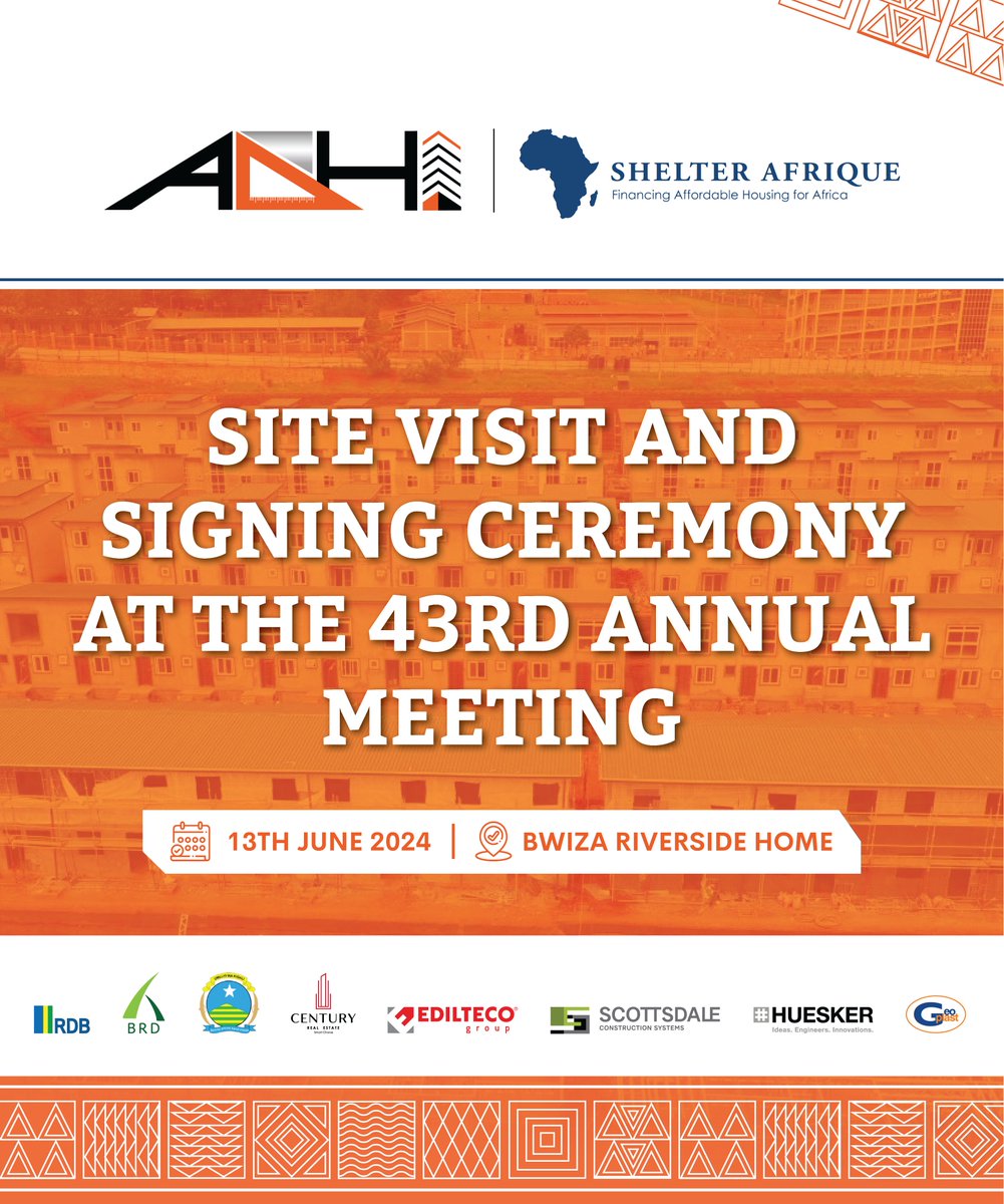 AdhiAfriHolding's tweet image. Catch the action live! Our ceremony is streaming now – don't miss out on the excitement. 📺🌟
@ShelterAfrique  Site Visit to @BwizaRiverside  homes as 43rd AGM Symposium and signing Ceremony.
Be with us  Live on YouTube : 
youtube.com/live/AikpZsagt…