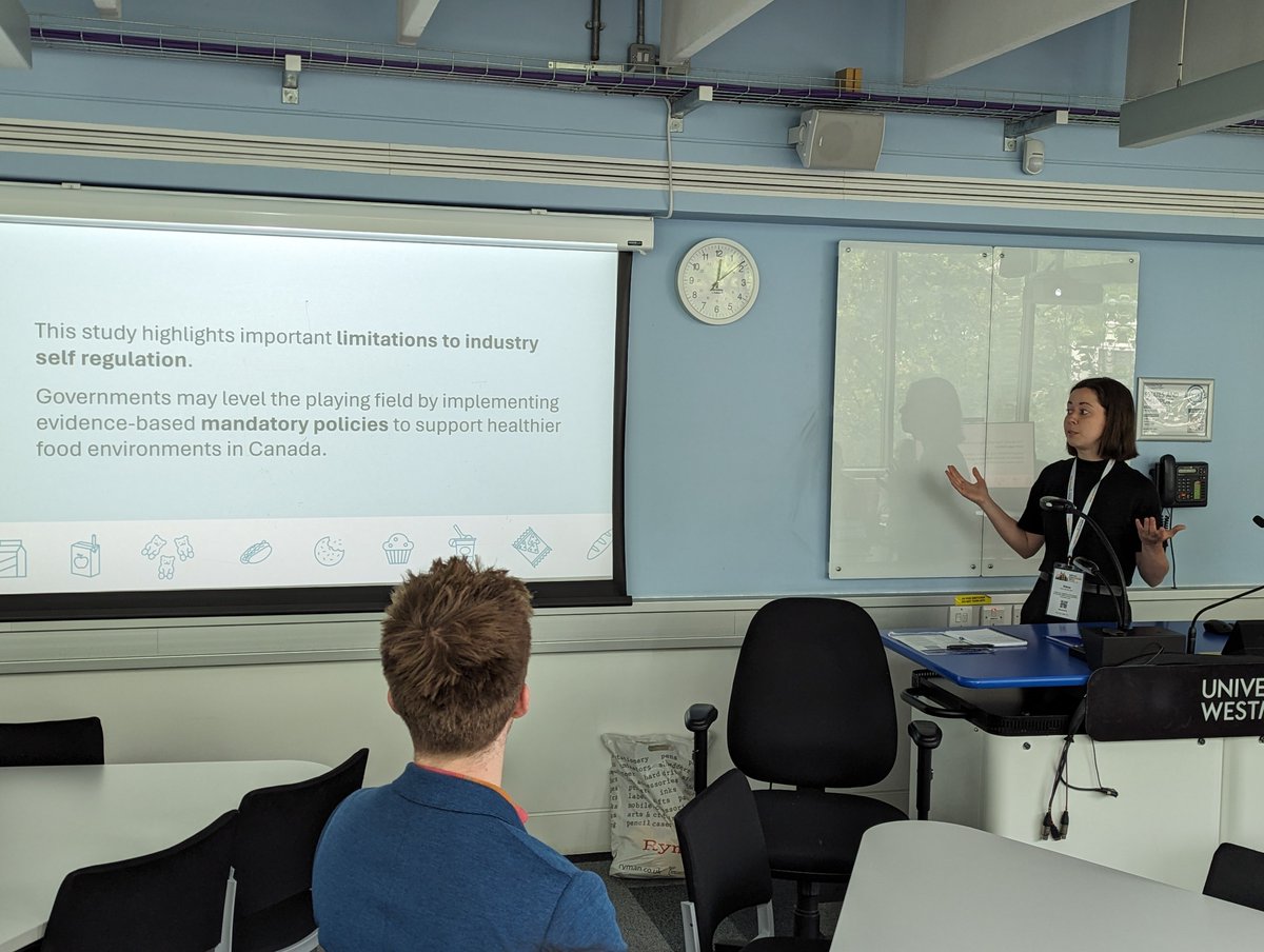 The dynamic Alexa <a href="/gaucher_holm/">Alexa Gaucher-Holm</a> presenting her thesis work on the commitments from the major food companies in Canada, the limitations of government self-regulation, and the potential role for government policy to level the playing field. #wphncongress #informascanada