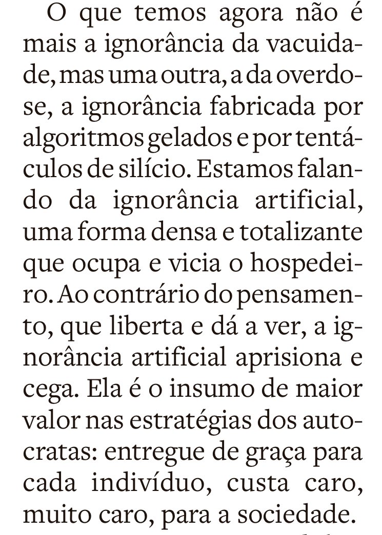 Baita artigo do <a href="/EugenioBucci_/">Eugênio Bucci</a> no Estadão de hoje. Tá no jornal e tá no site. Recomendo a leitura. São três minutinhos apenas.