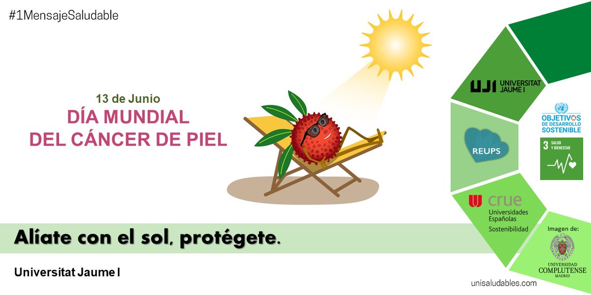 unirioja's tweet photo. El #MensajeSaludable de este mes lo trae @UJIuniversitat para recordarnos la importancia de protegernos para prevenir el cáncer de piel.

⌚ Evita el sol en horas centrales del día
🌞 Usa protección
💧 Hidrátate

➕ℹ️ https://t.co/0zN7yDdUkB
#REUPS #MensajeSaludable #URSalusable https://t.co/6N1JKPus8z