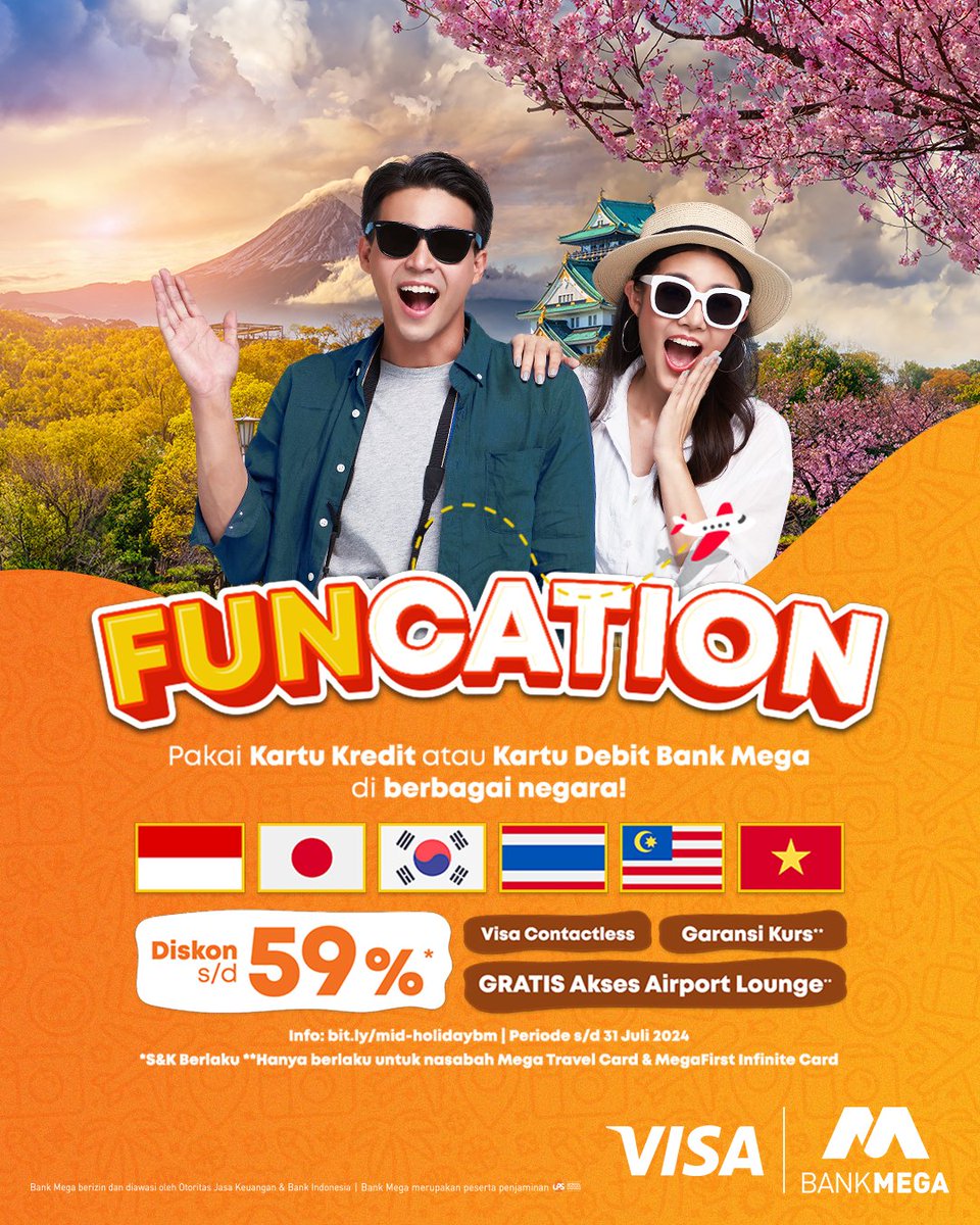 BankMegaID's tweet photo. INFO PENTING BUAT YANG MAU LIBURAN!🎉
Ada promo #FUNcation diskon s/d 59%* pakai kartu kredit atau kartu debit Bank Mega buat kamu traveling di Indonesia, Jepang, Korea, Thailand, Malaysia, dan Vietnam!🥳
Cek di bawah👇 https://t.co/Vo5zswRBki