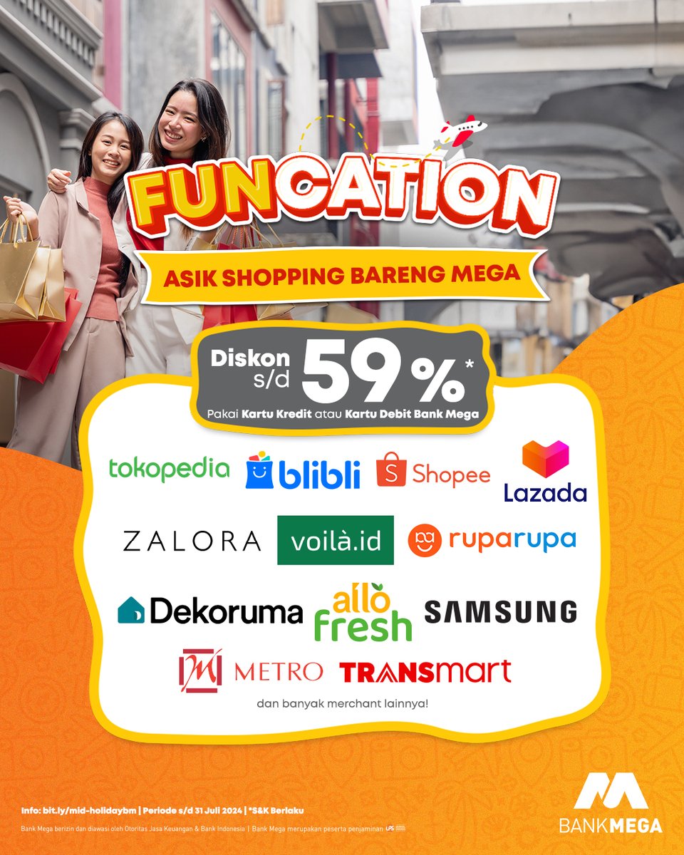 BankMegaID's tweet photo. INFO PENTING BUAT YANG MAU LIBURAN!🎉
Ada promo #FUNcation diskon s/d 59%* pakai kartu kredit atau kartu debit Bank Mega buat kamu traveling di Indonesia, Jepang, Korea, Thailand, Malaysia, dan Vietnam!🥳
Cek di bawah👇 https://t.co/Vo5zswRBki