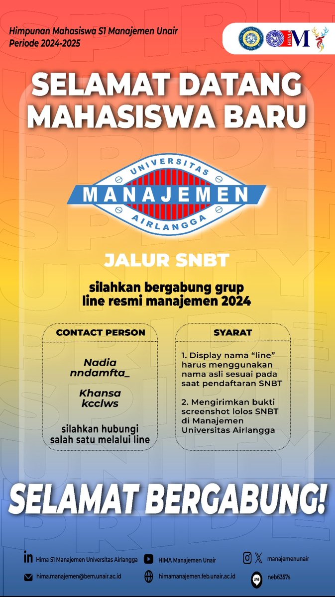 [SELAMAT DATANG MAHASISWA BARU]

HIMA Manajemen Universitas Airlangga mengucapkan selamat datang di keluarga MANAJEMEN UNIVERSITAS AIRLANGGA kepada peserta SNBT 2024.

Untuk bergabung ke grup 'Line' resmi harap hubungi CP yang tertera.

#SpiritUnityPride
-HIMA S1 Manajemen UNAIR