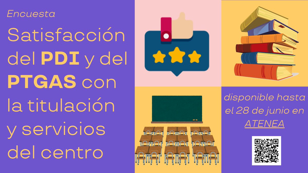 Disponible hasta el 28 de junio la encuesta de satisfacción con las titulaciones y los servicios del Centro para el PTGAS de los centros propios y adscritos de la <a href="/unizar/">Universidad Zaragoza</a> y el PDI con docencia en el curso 2023/24 en un Grado o Máster. Entra en atenea.unizar.es