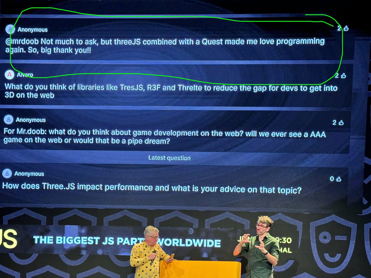 julcasans's tweet photo. Just listened to an incredibly exciting talk by @mrdoob, the creator of Three.js, on WebGPU at #JSNation! This was my most awaited session, and it didn’t disappoint. So inspiring to see the beautiful stack and the future of 3D graphics on the web! 🚀✨#ThreeJS #WebGPU  #JSNation https://t.co/1G3tYvAAwj