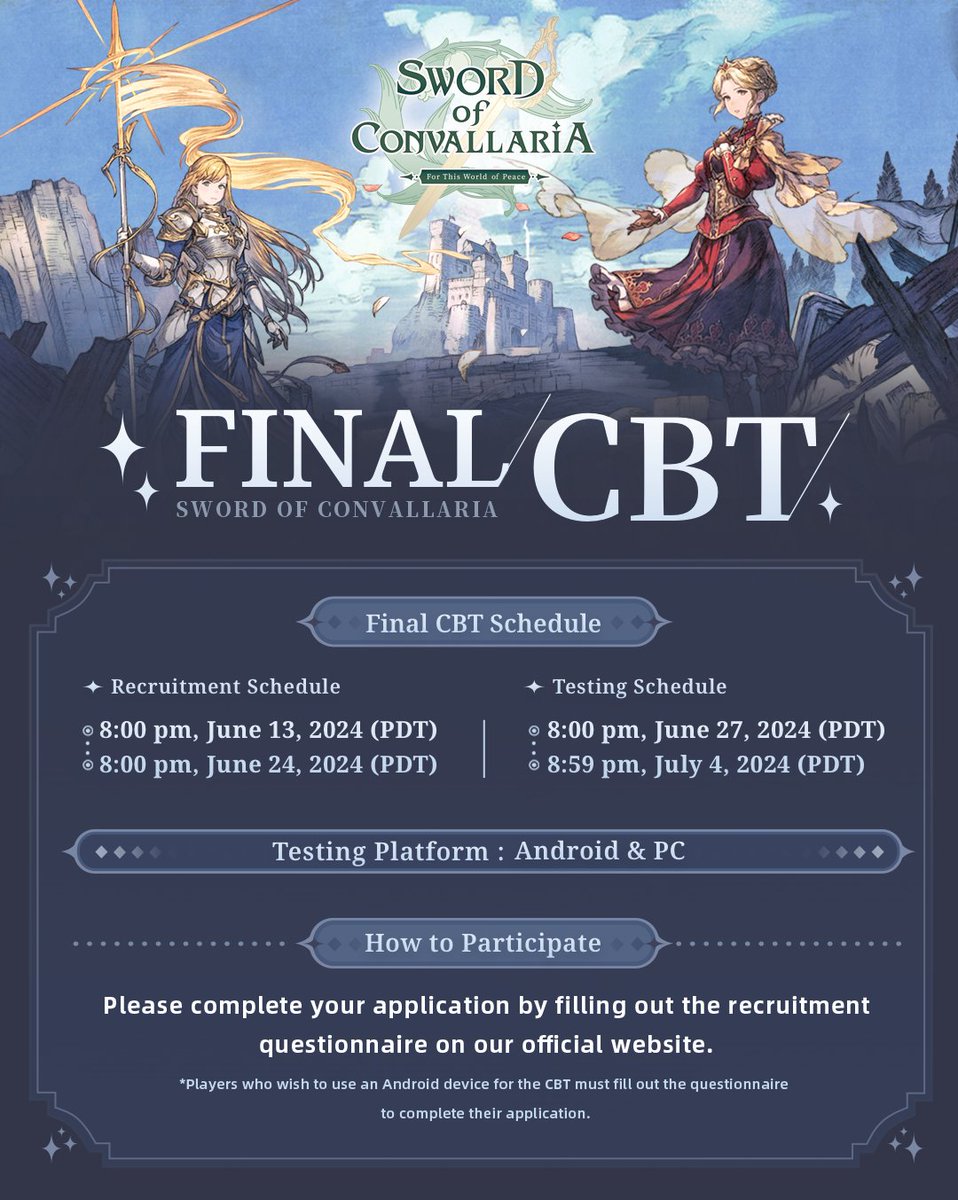 SwordofConva's tweet photo. ⚔Before our official launch, we're hosting the Final CBT on Android &amp; PC. Join us from June 27, 8:00 PM (PDT) to July 4, 8:59 PM (PDT) for an exclusive sneak peek into the world of Convallaria!

🍻Final CBT Recruitment is now OPEN:
https://t.co/CmopQGOkU0 https://t.co/RbbkA972TP