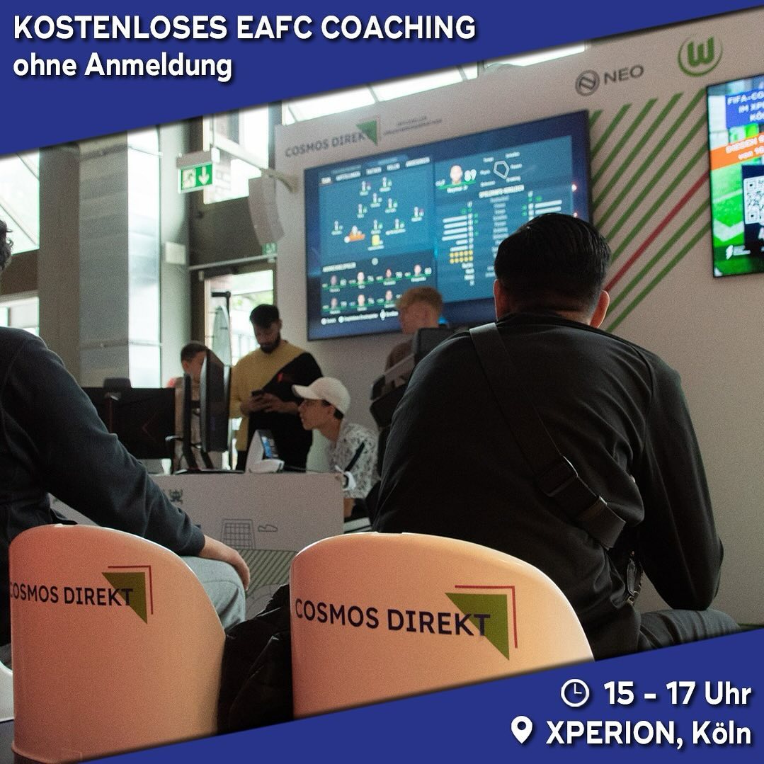 Am Samstag könnt ihr wieder an unserem kostenlosen <a href="/CosmosDirekt/">CosmosDirekt</a> #EAFC Coaching teilnehmen! 🔥

Kommt einfach zwischen 15:00 Uhr und 17:00 Uhr in die #CosmosDirekteFootballArena im <a href="/xperion_germany/">XPERION</a> Köln und holt euch ein paar Tipps von <a href="/SeriousFUTJoker/">FUTJoker</a>! ⚽