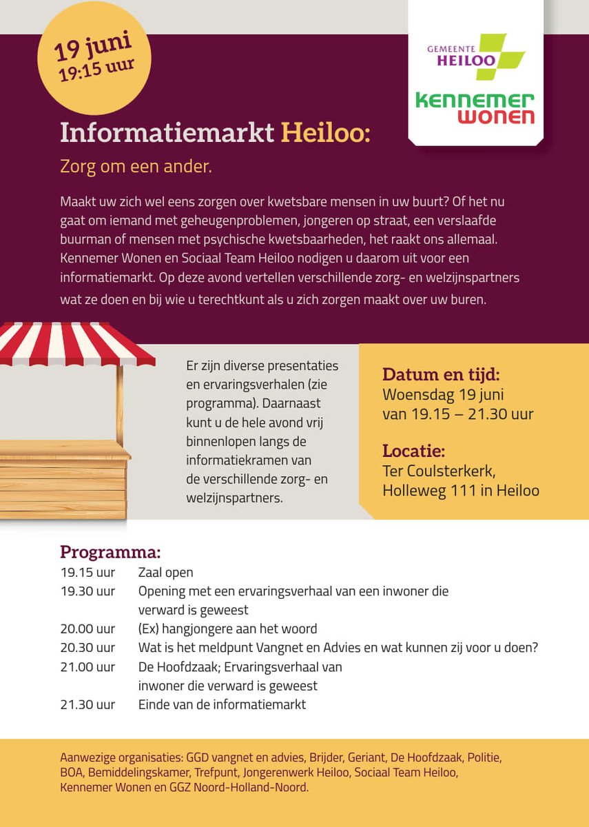Maak je je wel een zorgen over kwetsbare mensen in jouw buurt? Op de informatiemarkt “Zorg om een ander” op 19 juni in Heiloo vertellen we samen met onze partners wat we doen en bij wie je terechtkunt als je zorgen hebt over je buren. Meer info: kennemerwonen.nl/informatiemark…