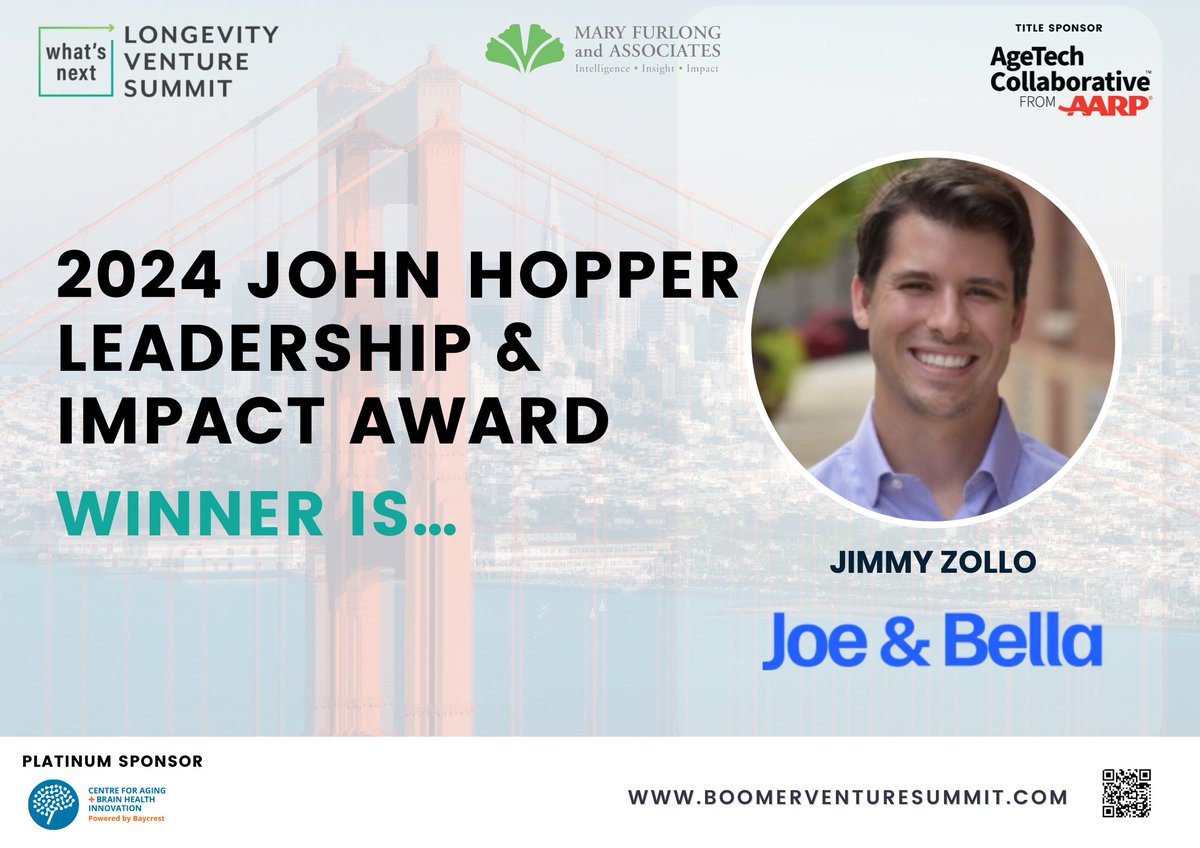 Congratulations to the 2nd Annual John Hopper Leadership &amp; Impact Award winner: Jimmy Zollo, CEO and Co-Founder of Joe &amp; Bella!
The award is presented by <a href="/Ziegler_Co/">Ziegler</a>  during the What's Next #LongevityVenture Summit in San Francisco.