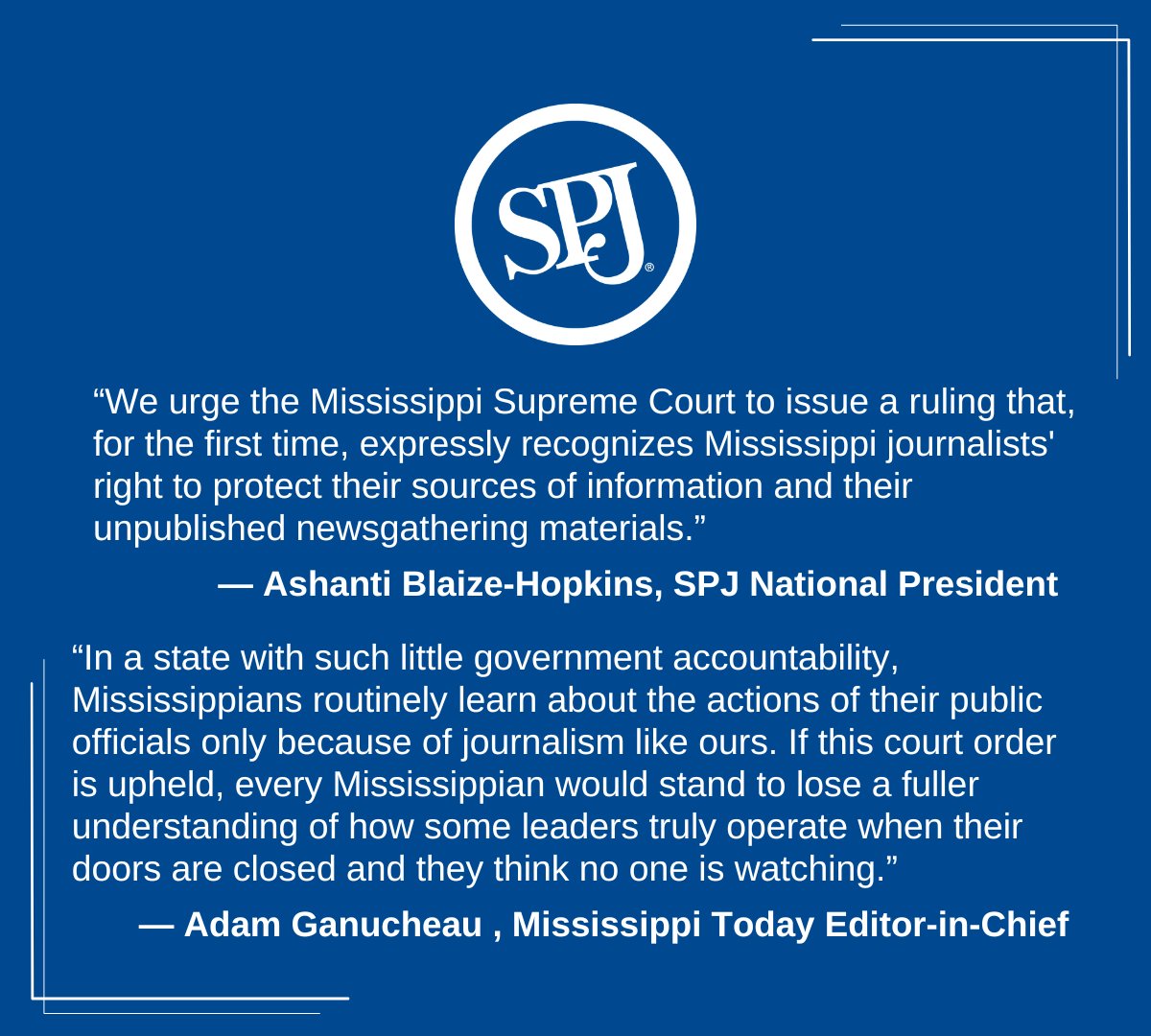 Society of Professional Journalists (@spj_tweets) on Twitter photo SPJ urges the Mississippi Supreme Court to overturn a lower court order against <a href="/MSTODAYnews/">Mississippi Today</a>.
"Without journalists, citizens are kept in the dark, giving those in power no accountability and freedom to abuse that power," said SPJ President @AshantiBlaize. spj.org/news.asp?REF=3⦠SPJ urges the Mississippi Supreme Court to overturn a lower court order against <a href="/MSTODAYnews/">Mississippi Today</a>.
"Without journalists, citizens are kept in the dark, giving those in power no accountability and freedom to abuse that power," said SPJ President @AshantiBlaize. spj.org/news.asp?REF=3ā¦