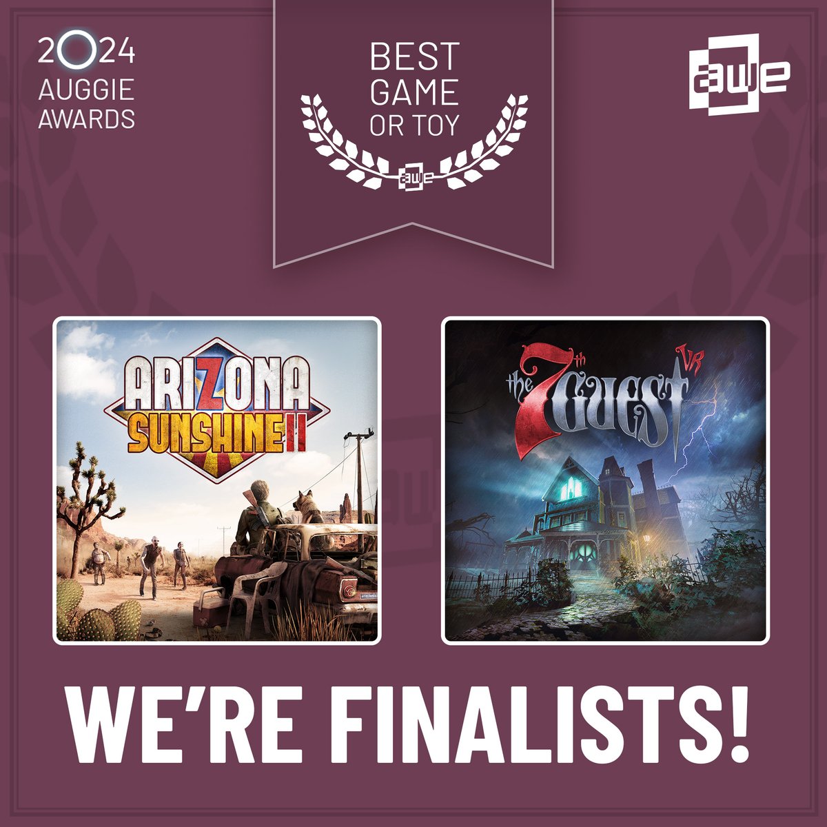 🎉 Exciting News! #ArizonaSunshine2 &amp; #The7thGuestVR are finalists in the 2024 #AuggieAwards! 🏆✨ 

Huge thanks to everyone who voted &amp; supported us. Winners announced on June 19. Stay tuned &amp; keep your fingers crossed! 🤞