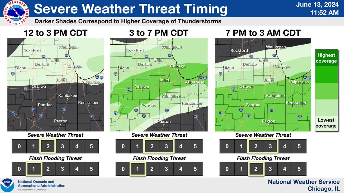 NWSChicago's tweet photo. Here is a look at potential thunderstorm timing later today, with greatest coverage expected earliest along/north of I-80 this afternoon and latest along/south of I-80 late afternoon into the evening. #ILwx #INwx https://t.co/kfgfLjZh9w