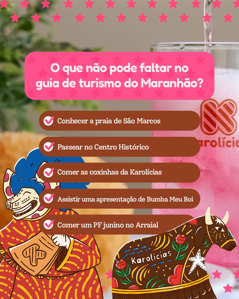karolicias's tweet photo. O que não pode faltar no seu guia de turismo do Maranhão?  Trouxemos os  5 itens essenciais que achamos que todo turista precisa fazer aqui, na Ilha do Amor. 🩷🔥 https://t.co/Zm1tgNjr2a