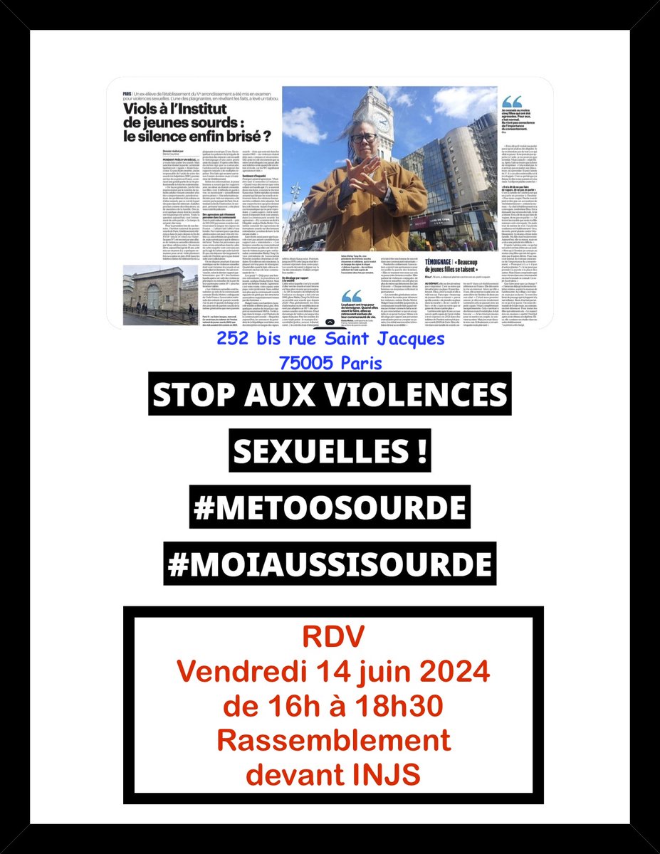 fscs75's tweet photo. Rassemblement devant INJS de Paris 252 bis rue Saint Jacques 75005 Paris ce vendredi 14 juin à partir de 16h 
#VictimesINJS #INJSParis #LiberonsLaParoleSourde #MoiAussi #MeToo #Stopauxviolencessexuelles #Stopviolencesfaitesauxfemmes #PasDeVagues https://t.co/qPwmzeyog4