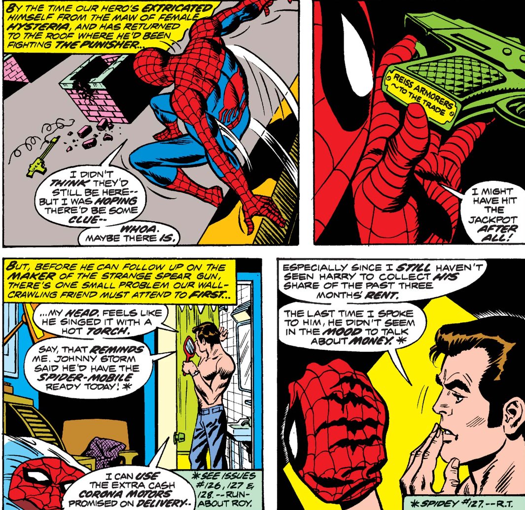 MarvelADay's tweet photo. #MarvelADay #ASM129
After crashing into an office building, Spider-Man heads back to the rooftop, but Jackal and the Punisher are gone. He does find a firearm that's conveniently labeled with the armorer's address. Before he deals with that, though, he goes home for a spell.
JH https://t.co/EfaOXjaTaa