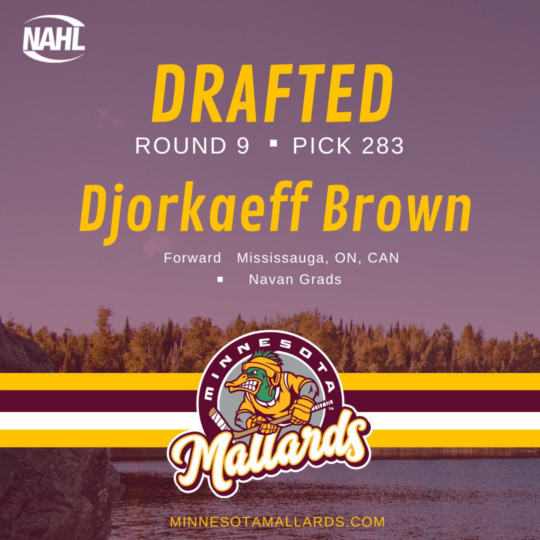 mnmallards's tweet photo. In the 9th round, with the 283rd pick the Mallards select Djorkaeff Brown. #nahl #draft https://t.co/CaFCRvVAiB