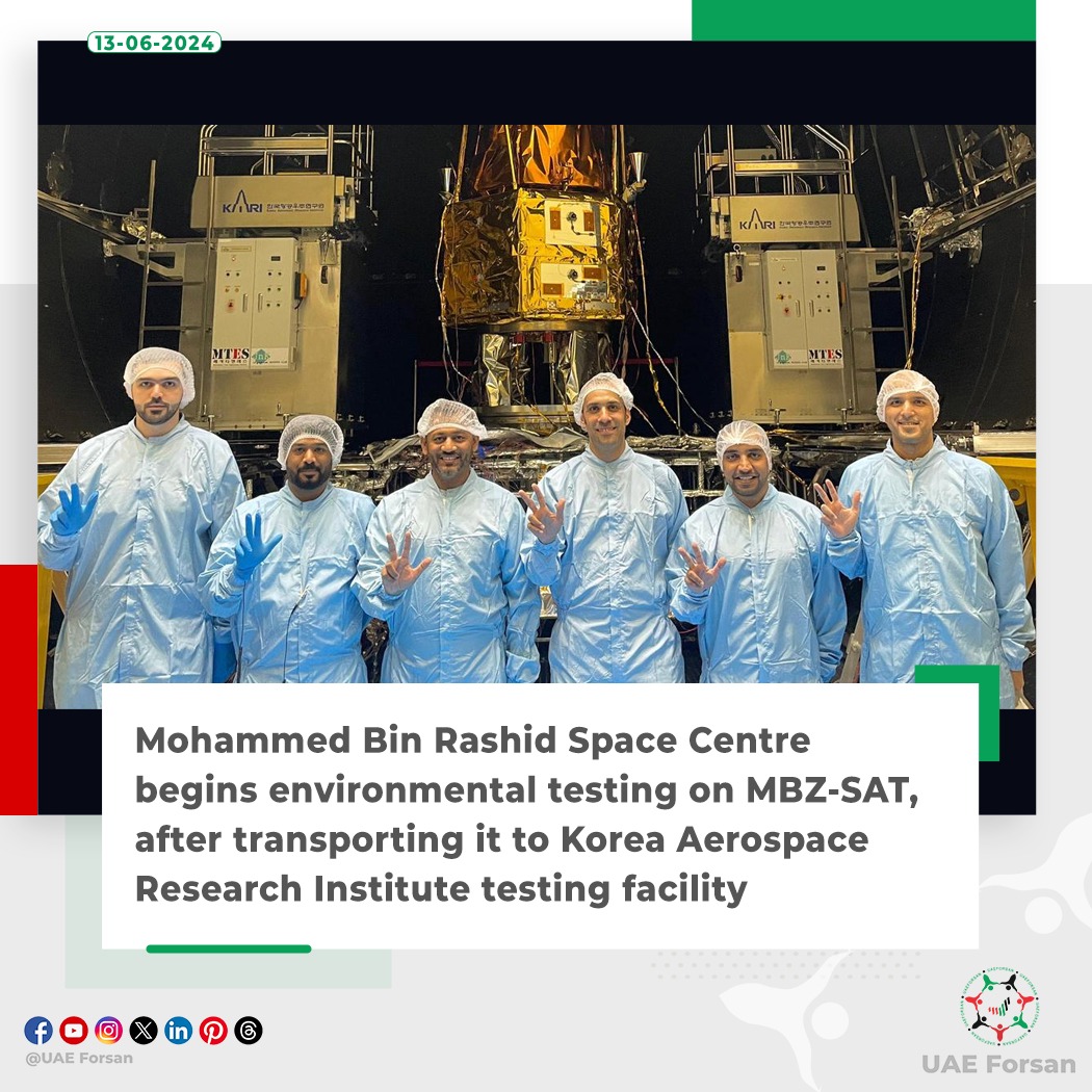 UAE_Forsan's tweet photo. Mohammed Bin Rashid Space Centre begins environmental testing on MBZ-SAT, after transporting it to #Korea Aerospace Research Institute testing facility
#UAE #MBZ_SAT
@MBRSpaceCentre
@Salem_HAlMarri https://t.co/gzdr0PeEn1