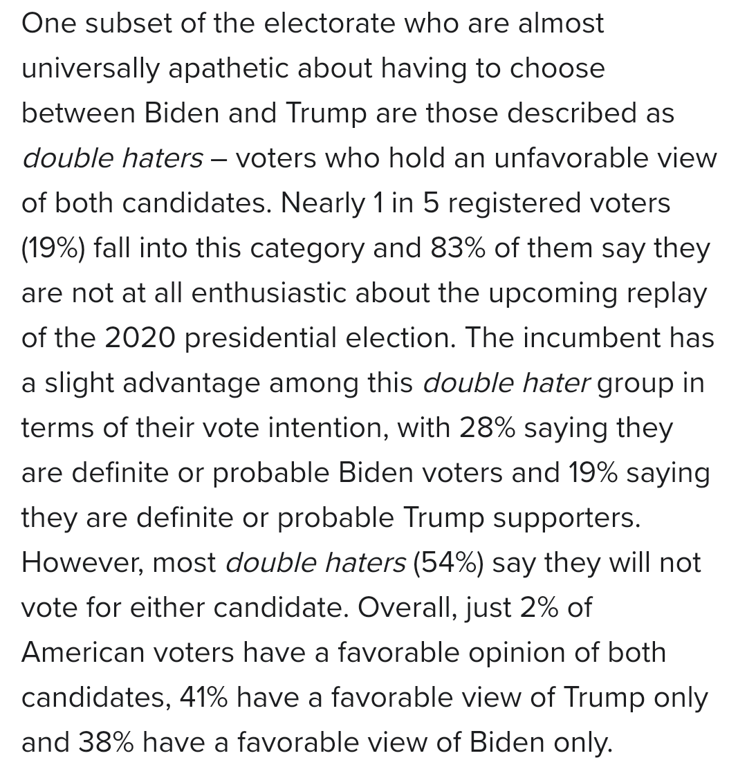 IAPolls2022's tweet photo. Monmouth: 🇺🇲 2024 GE [definitely + probably will vote for...] 

🟥 Trump: 44% [=]
🟦 Biden: 43% [=]

• Double haters: Biden 28-19%
• Independents: Trump 43-36%

[+/- change vs April]
—
Generic Ballot 
🟥 GOP: 48%
🟦 DEM: 45%
—
% who are very + somewhat enthusiastic about rematch between Biden and Trump

71% of Republicans 
46% of Democrats 
—
Fav/unfav
Trump: 43-56 (-13)
Biden: 40-59 (-19)
—
Fav/unfav (November 2020)
Biden: 44-46 (-2)
Trump: 41-49 (-8)
—
• 538: #5 (2.9/3.0) | 1,034 RV       
• D30/R30/I40 | June 6-10 | ±3.9%
https://t.co/XZlq1VWRNL