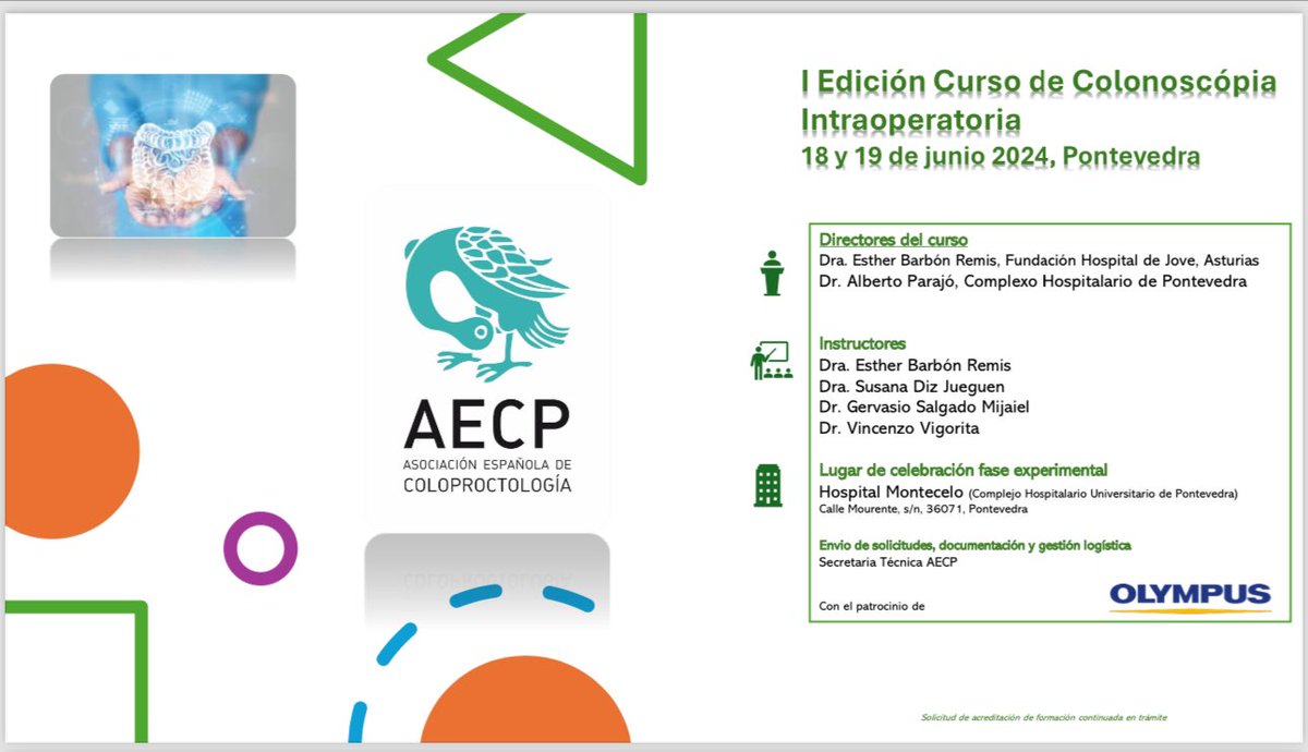 Vincenzo Vigorita MD, PhD, EBSQ-c, FACS (@vvigorita) on Twitter photo Hoy empieza la fase online del:
I Curso de colonoscopia intraoperatoria <a href="/AECP_FAECP/">AECP</a>
<a href="/AlbertoParajo/">Alberto Parajó</a>
<a href="/barbon_esther/">Esther Barbon</a>
<a href="/francomarinello/">Franco Marinello</a>
Susana Diz
Gervasio Salgado
#formacion
#coloproctologia Hoy empieza la fase online del:
I Curso de colonoscopia intraoperatoria <a href="/AECP_FAECP/">AECP</a>
<a href="/AlbertoParajo/">Alberto Parajó</a>
<a href="/barbon_esther/">Esther Barbon</a>
<a href="/francomarinello/">Franco Marinello</a>
Susana Diz
Gervasio Salgado
#formacion
#coloproctologia