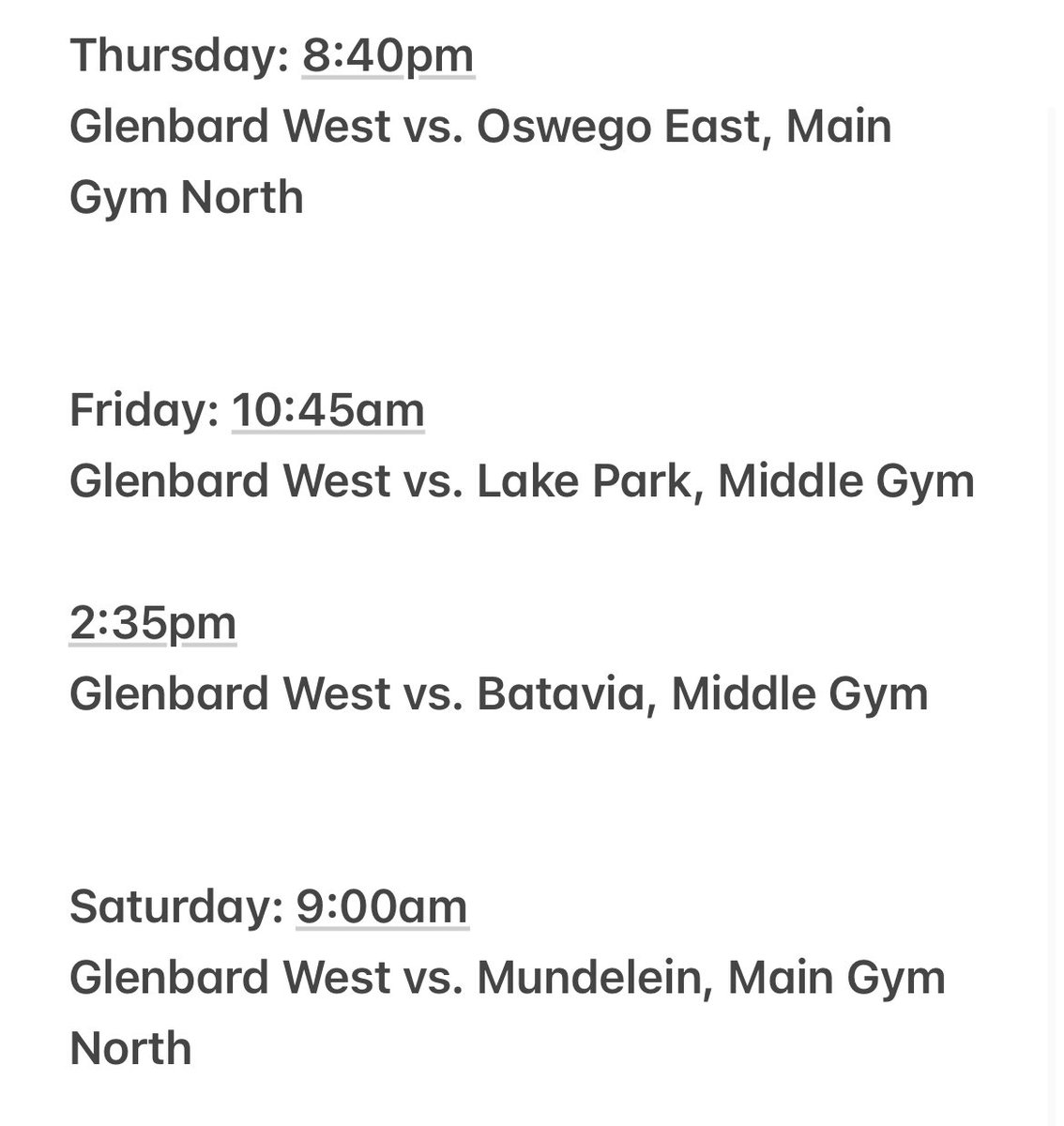 Here’s my schedule for the Batavia Shootout, can’t wait to play!!