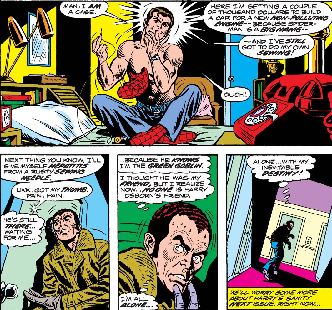 MarvelADay's tweet photo. #MarvelADay #ASM129
As Peter is fixing his costume, Harry stands outside the door, sinking ever deeper into madness. It's a shame that comics just don't have these kinds of long-term subplots anymore.
JH https://t.co/6pvPbceFrc