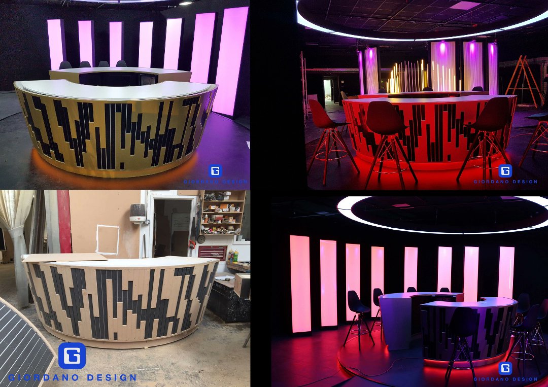 DesignGiordano's tweet photo. We've been busy designing and building some great TV news desks and bar counter for news channels and events. Looking great with our LED lighting. All bespoke &amp; manufactured in the workshop. Well done guys. https://t.co/sEvZ0KxIKO