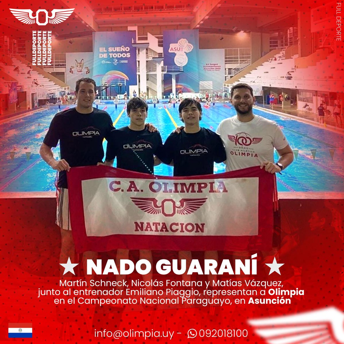 CAOlimpia's tweet photo. Los nadadores de Olimpia Martín Schneck, Nicolás Fontana y Matías Vázquez, junto al entrenador Emiliano Piaggio, representan a Olimpia en el Campeonato Nacional de Paraguay, en Asunción, del 12 al 15 de junio.
¡Ya estamos en las finales!
#OrgulloOlimpista https://t.co/r1BcSZjvqj