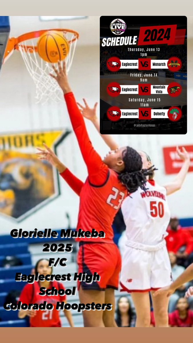 Glorielle Mukeba (@glorielle_m) on Twitter photo Here’s a look at my schedule for <a href="/ColoradoLive_SS/">COLORADO LIVE Scholastic Showcase</a>. Excited to compete in my last HS Summer season!!!
<a href="/LadyRaptorHoops/">EHS Girls Hoops</a> <a href="/COHoopsters/">Colorado Hoopsters</a> <a href="/PGHColorado/">Prep Girls Hoops Colorado</a> <a href="/girlsbballco/">GIRLS BASKETBALL COLORADO</a> Here’s a look at my schedule for <a href="/ColoradoLive_SS/">COLORADO LIVE Scholastic Showcase</a>. Excited to compete in my last HS Summer season!!!
<a href="/LadyRaptorHoops/">EHS Girls Hoops</a> <a href="/COHoopsters/">Colorado Hoopsters</a> <a href="/PGHColorado/">Prep Girls Hoops Colorado</a> <a href="/girlsbballco/">GIRLS BASKETBALL COLORADO</a>